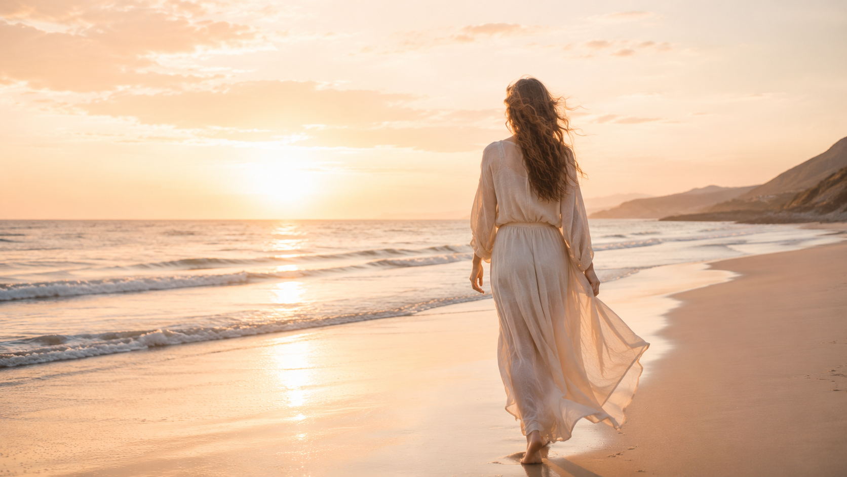 Persona caminando junto al mar al atardecer